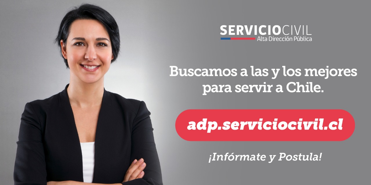 Portada del portal de Alta Dirección Pública del Servicio Civil, con el slogan "Buscamos a las y los mejores para servir a Chile". Invitación a informarse y postular en adp.serviciocivil.cl