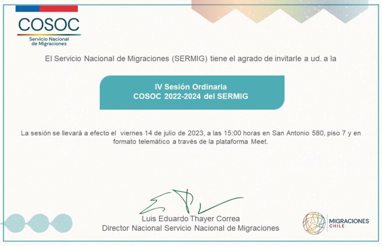 Invitación a Cuarta Sesión Ordinaria COSOC del SERMIG, a realizarse el 14 de julio de 2023.