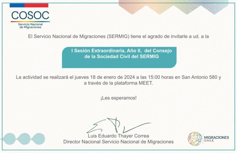 Invitación a Primera Sesión Extraordinaria del COSOC, año II, a realizarse el 18 de enero de 2024.