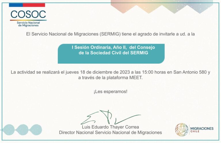 Invitación a Primera Sesión Ordinaria del COSOC, año II, a realizarse el 18 de diciembre de 2023.