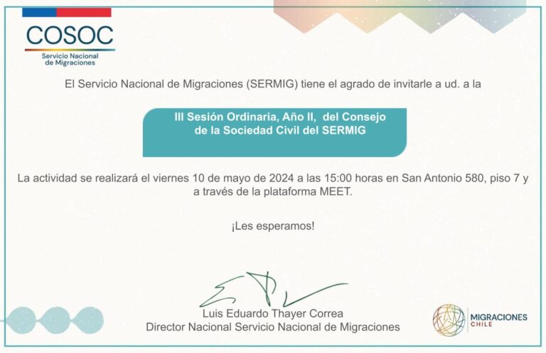 Invitación a la Tercera Sesión Ordinaria del COSOC, año II, que se realizará el viernes 10 de mayo de 2024.